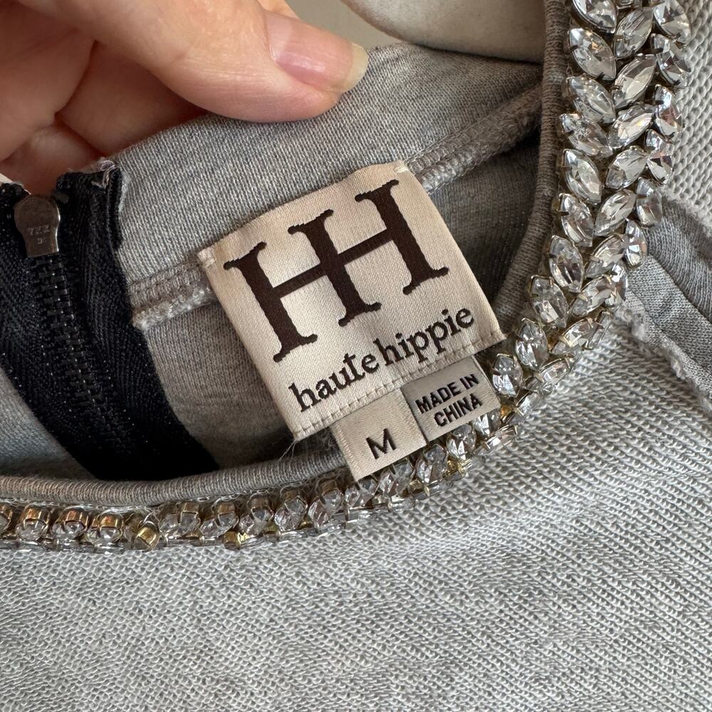 Haute Hippie Crystal Herringbone Neck Sweatshirt Light Heather Grey M NWOT - Picture 4 of 10